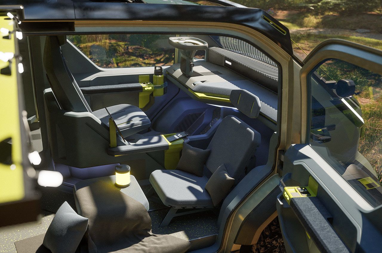 Kia "WKNDR" concept EV van, highlighting the flexible interior seating for max comfort, side-view