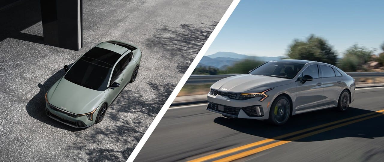 2024 Kia Forte, three-quarter front view, driving through a mountain road and 2025 Kia K5, driver-side front view, driving through a mountain road